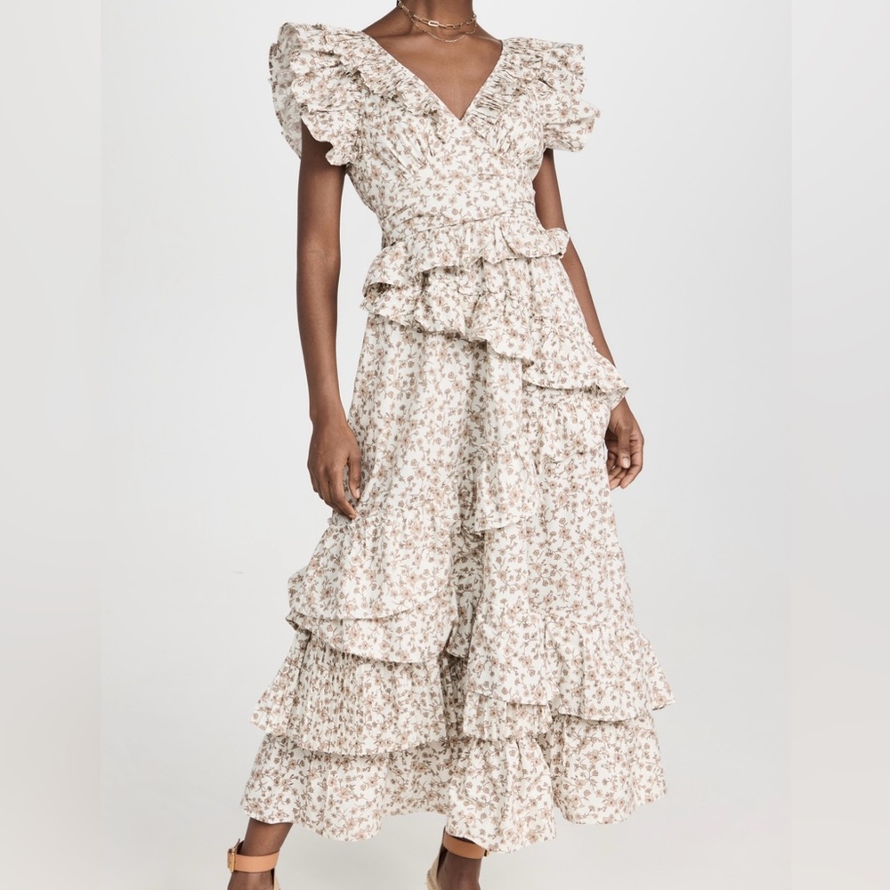 En Saison Floral Ruffle Midi Dress in Cream and Brown